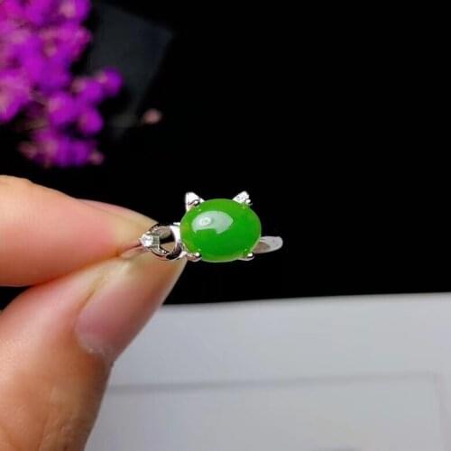 Fashion elegance Lovely Ears round Natural green jasper Ring S925 Silver Natural Gemstone Ring girl Womens party gift Jewelry