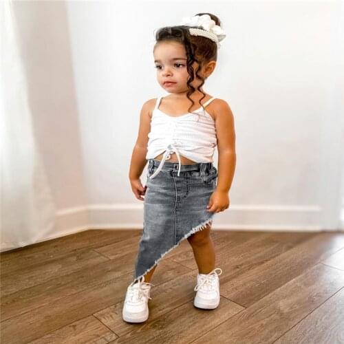 1-6Y Fashion Kids Girls Summer Clothes Sets Sleeveless Drawstring Pleated Sling Tops Denim Skirts 2PCS Girls Sunsuit