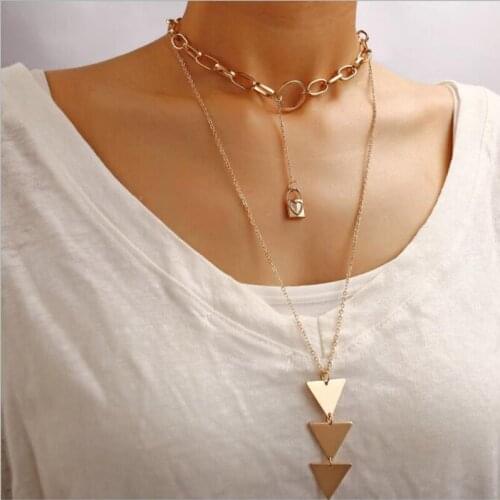 Multi Layer Triangle Pendant Necklaces Padlock Sweet Trendy Lock Necklace Link Neckless Punk Girl Women Lady Gift