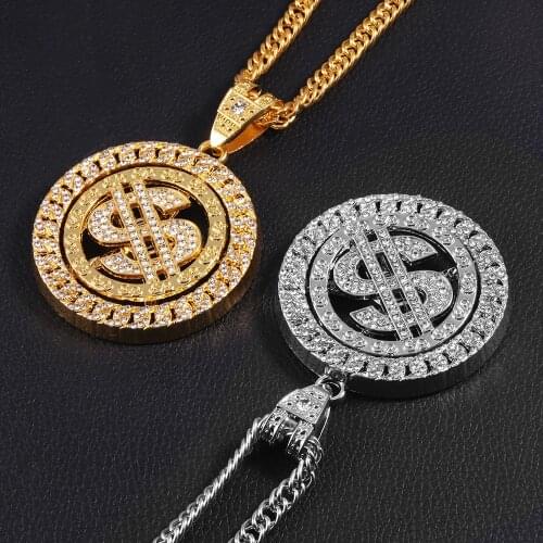 Hip Hop Dollar Pendant Necklace Rotatable Heavy Luxury Crystal Rock Long Chain Necklace For Man Charm Cool Jewelry Gifts