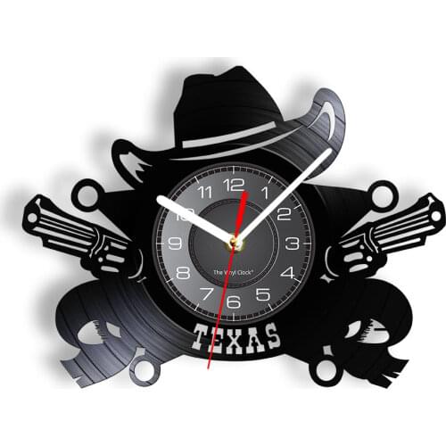 Texas Cowboy Wall Clock Western USA Skyline Symbol Vinyl Record Wall Clock Wild West Vintage Rodeo Revolvers Western Wall Decor