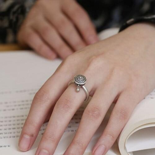 The New 925 Sterling Silver Ring Prayer Wheel Belief Six-character Mantra Amulet Opening Adjustment Ring Can Rotate Jewelry