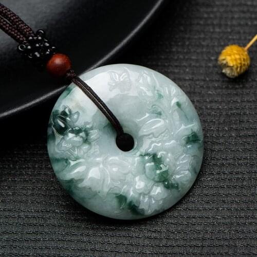 Koraba Natural Burmese Jadeite Grade A Round Flower Hand Carved Natural Gem Pendant Necklace Classic Jade Women Jewelry
