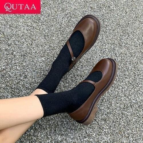 QUTAA 2021 Women Pumps Spring Autumn Round Toe Casual All Match Female Shoes PU Leather Buckle Square Med Heels Size 34-41