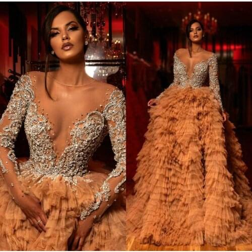 Luxurious Arabic Long Sleeve Evening Dresses 2020 Beaded Crystal Gowns Formal Wear Prom Dress robe de soiree Abendkleider