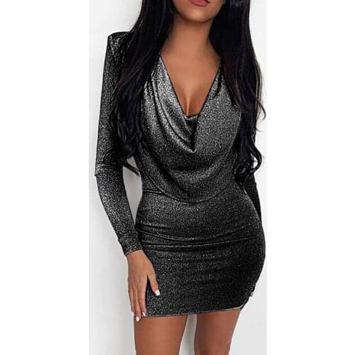 Sexy V-neck Shiny Bodycon Dress Women Casual Long Sleeve Slim Club Glitter Party Dress Female Mini Autumn Dresses