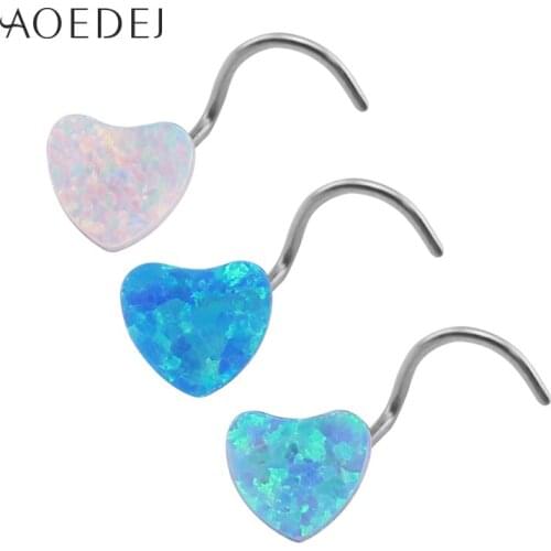 AOEDEJ 3 Colors Heart Nose Stud Piercing Stainless Steel Blue Natural Opal Stone Nose Rings And Studs Nose Piercing Jewelry