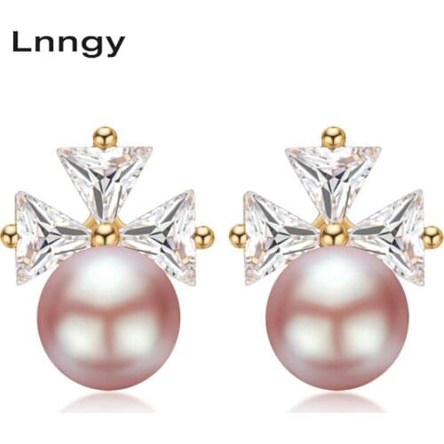 Lnngy 14K Gold Filled Earrings 8-8.5mm Natural Cultured Freshwater Pearl Fashion Stud Earrings Women Wedding Jewelry Earrings