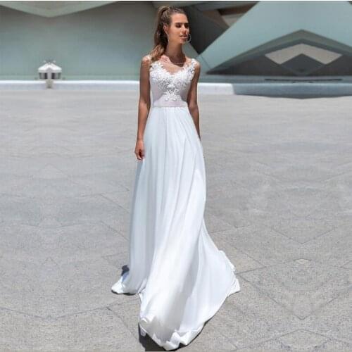 Chiffon Wedding Dress White Ivory Lace Appliques Simple Sleeveless Bride Dresses Custom Made Floor Length Vestido de Noiva