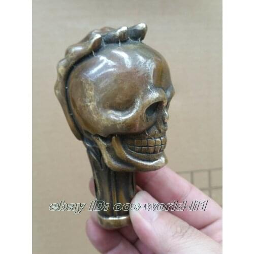 Old Bronze Hand Carved Skull antique Statue Cane Walking Stick Head