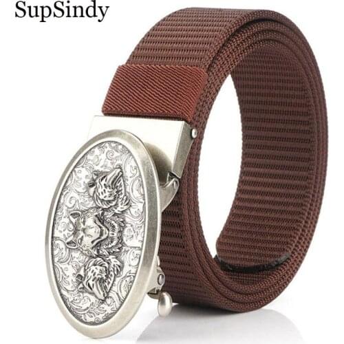 SupSindy New man nylon belt luxury Wolf metal automatic buckle Canvas Belts for men fashion jeans belt outdoor casual male strap