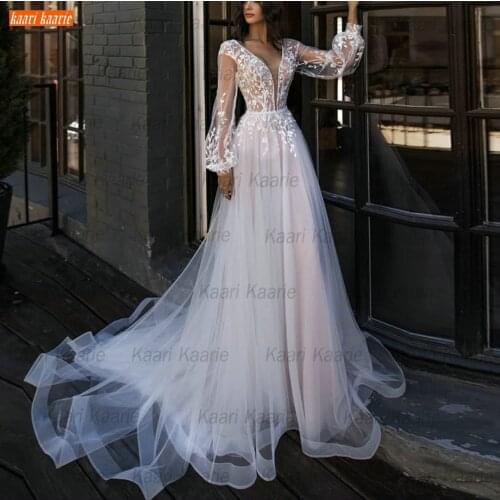 Dreamy Princess Wedding Dresses 2021 A Line Vestidos De Noiva V Neck Long Puff Sleeves abito da sposa Lace Appliques Bride Gowns