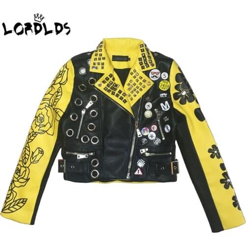 LORDLDS Women Leather Jacket Yellow Short Crop Jackets and Coats Punk Motorcycle Streetwear Woman Autumn Clothes 2019