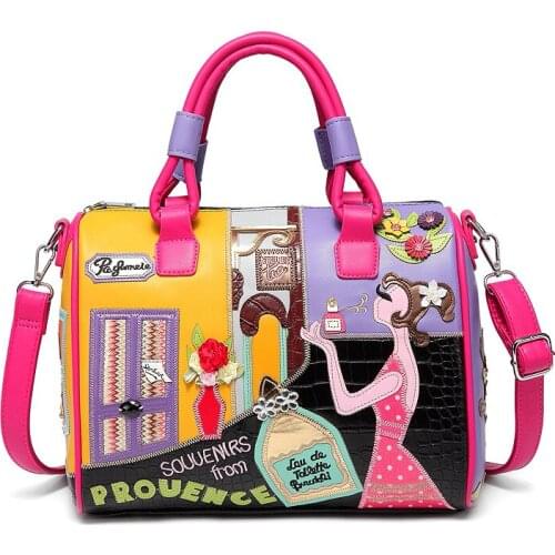 Womens bag 2021 shoulder bag PU leather solid color Boston bag cartoon embroidery stitching portable messenger bag pillow bag