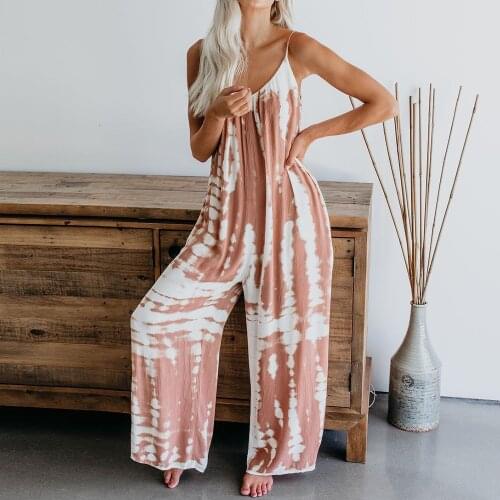 2021 Fashion Women Sexy Tie Dye Camisole Long Jumpsuit Sleeveless V-Neck Wide Leg One Piece Playsuit Streetwear Romper Overalls