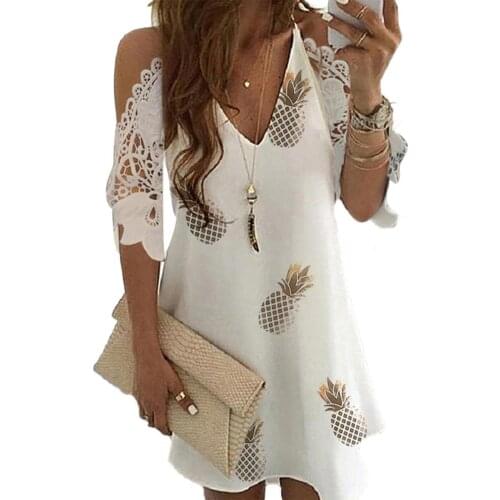 Fashion Women Sexy V Neck Pineapple Floral Print Cold Shoulder Lace A Line Beach Dress A Line Mini Dress Wrap Sundress Robe