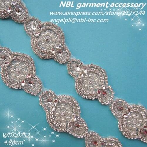 10 YARDS) Wholesale hand sew beaded bridal applique silver rhinestone trim iron on for wedding dress DIY WDD0252