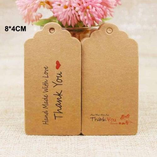 100Pcs 8*4cm best two design handmade with love luggage Tags Scallop shape kraft paper Wedding note /gift /prouducts hang tag