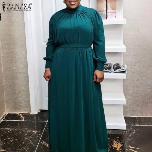 2021 Autumn Elegant Belt Robe Longue ZANZEA Fashion Solid Floor Kaftan Womens Long Sleeve Abaya Vestidos Casual Oversize Dresses
