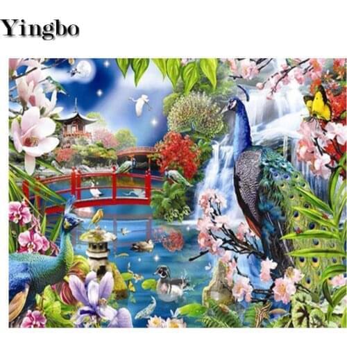 5D Diamond Mosaic Garden Lake House DIY Full Round Diamond Embroidery Flower Bird Waterfall Diamond Painting Cross Stitch Kits