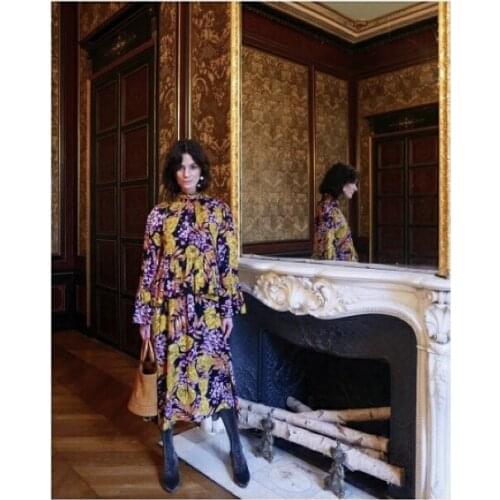 Designers Colorful Flowers Print Flared Midi Dress Vintage Elastic Waist Drape Rayon Romantic Plant Pattern Kaftan Flowy Dress