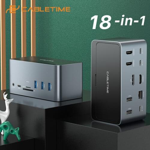 CABLETIME 18 in 1 USB Docking Station HUB SSD Enclosure PD100W HDMI DP RJ45 SD/TF Slot for MacOS Windows Laptop Multi HUB C419