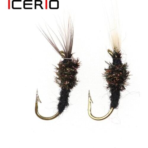 ICERIO 6PCS Black Body Flies Nymphs Emerger Pupae Tenkara Fly Tying Hook Trout Fishing Fly Lure Baits #14