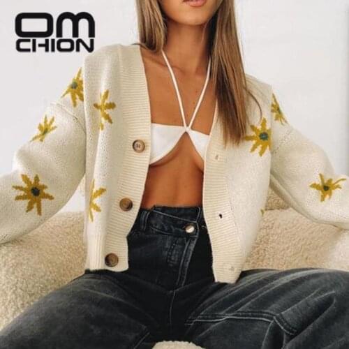 OMCHION Knitted Top Femme 2021 New Casual Floral Printted Long Sleeve Cardigan Women Casual Chic Sweater Coat Casaco Feminino
