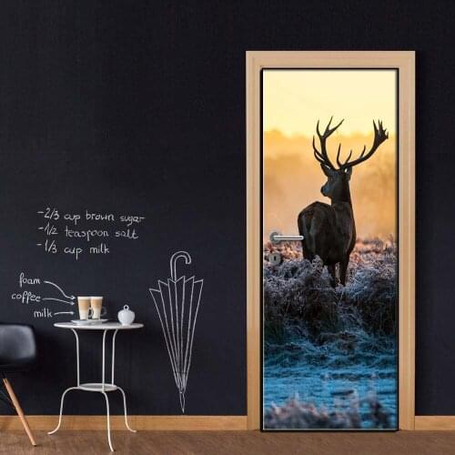Creative Door Sticker Sunset Forest Deer Animal Door Cover Wall Stickers Kitchen Wallpaper Renew Mural Decal Home Decor