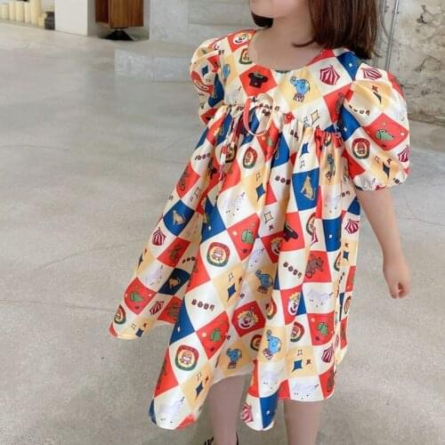 Summer Girls' Dress Casual Retro Bubble Sleeve High Waist Cartoon Sweet Princess Dress Baby Kids ChildrenS Clothing For Girl