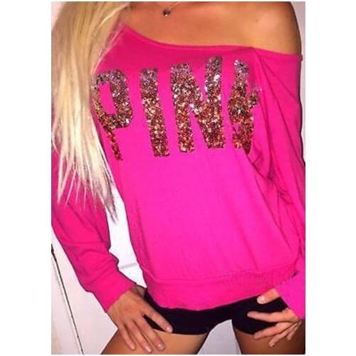 Fashion sequined pink T-shirt with long sleeves and round neck