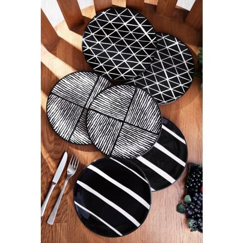 Set Of 6 Black White Lines Triangles Ceramic Dishes For Serving Tableware Plate Dishes Sets Cake Plate Modern Soft Style Dinner
