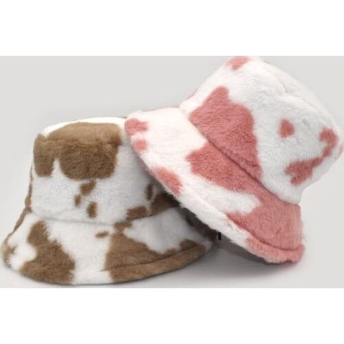 New Winter Cow Bucket Hat Women Faux Fur Girl Hat Fashion Warm Panama Outdoor Fisherman Cap Men 3Colors M135