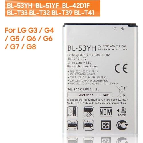 Original Replacement Phone Battery BL-53YH BL-51YF BL-42D1F BL-T33 BL-T32 BL-T39 BL-T41 For LG G3 G4 G5 Q6 G6 mini G7 G8 ThinQ