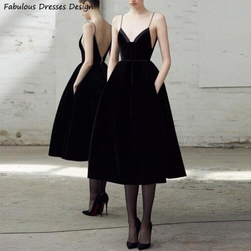 Spaghetti Strap Black Prom Dress Tea Length A Line V-neck Woman Party Night Backless Pocket Evening Gowns Robe de soiree
