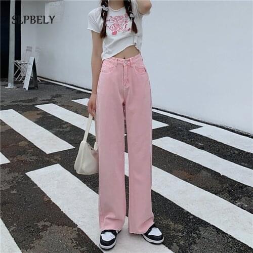 SLPBELY Pink Jeans Pants Summer Sweet Peach Embroidery High Waist Pants Denim Pants For Women Wide Leg Straight Jeans Trousers