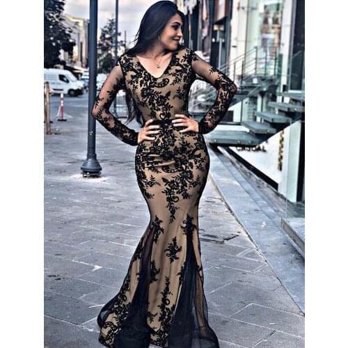 Sexy Vestidos De Fiesta V Neck Long Sleeve Lace Floor Length Black Mermaid Evening Dresses