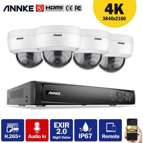 ANNKE 8CH 8MP FHD POE Network Video Surveillance System NVR With 4X 8MP IP Dome Security Cameras Audio Recording TF Card Support