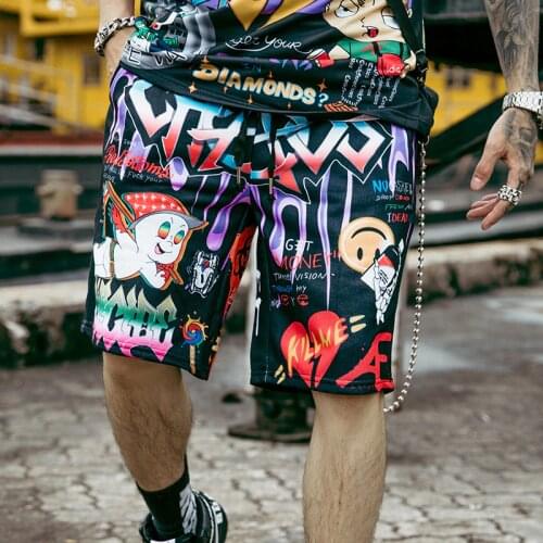 Street Hipster Hip Hop Cartoon Pattern Graffiti Print Knee Length Pants Mens Fashion Summer Casual Beach Shorts Personality Boy