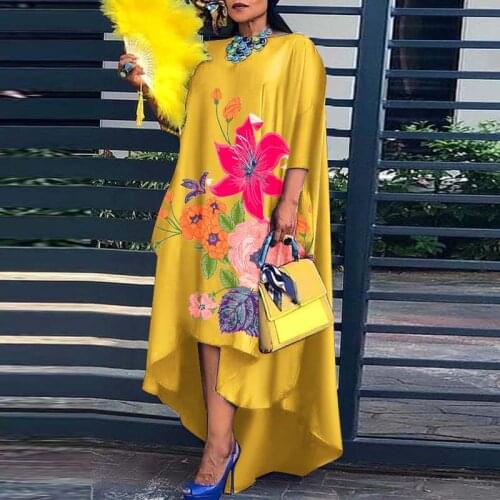 Vintage Floral Printed O Neck 3/4 Sleeve Dress Summer Spring Asymmetric Hem Pleated Vestidos VONDA 2021 Femme Loose Sundress