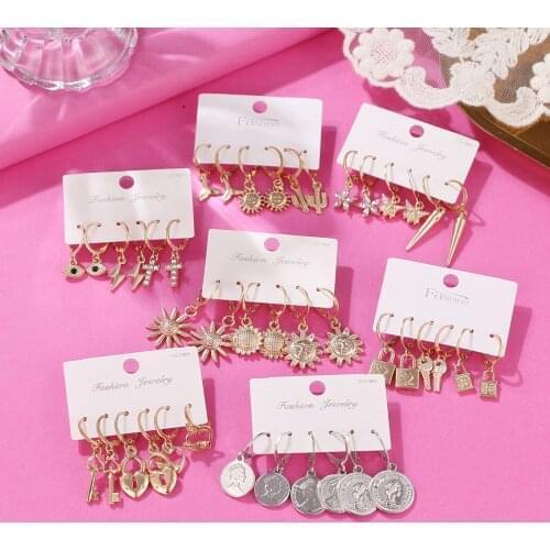 Vintage Lock Dangle Earrings Set for Women Fashion Geometric Key pendientes Sun Gold Coin Heart Drop Earrings Party Jewelry