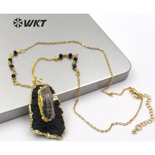 WT-N1166 Wholesale 5 pieces Natural Black tourmaline Necklace Gold Electroplate Irregular shape Pendant Lady Decorate Jewelry