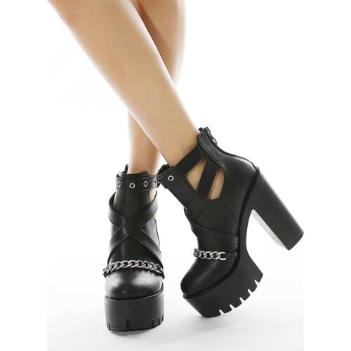 New sexy High heels Fashion Ankle Boots For Women High Heels Casual Cut-outs Buckle Round Toe Chain Thick Heels Platform Shoes
