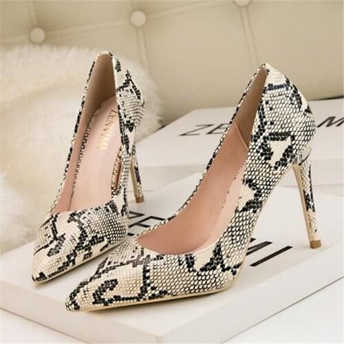 Women pumps PU Slip On 10CM Thin Heels High heels Pointed Toe Serpentine Shallow shoes for women women shoes 2020 size 35-42