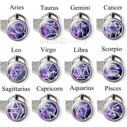 12 Constellations Zodiac Sign Pendant Keychain Leo Libra Pisces Key Chain Rings Glass Cabochon Dome Jewelry Women Birthday Gift