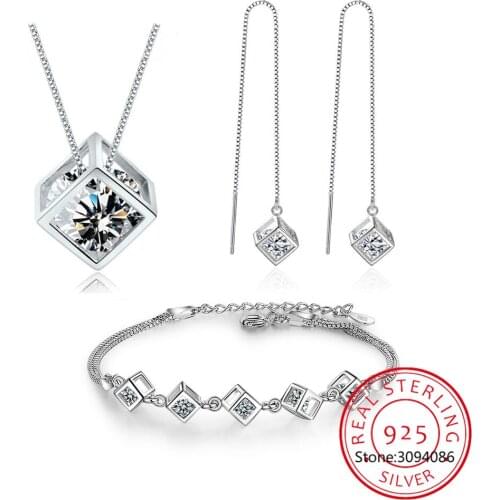 925 Sterling Silver Luxury Shiny Square Cube Necklace Earrings Bracelet For Women Gift Zirconia Anniversary Gift