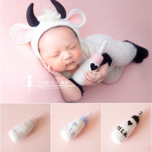 Dvotinst Newborn Baby Photography Props Cute Cow Outfits Set Knitted Rompers Ears Hat Milk Accessories Studio Shoots Photo Props
