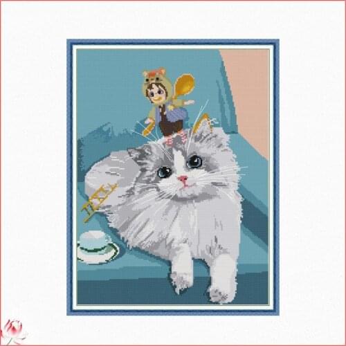 Joy Sunday Animal Patterns Counted 11CT 14CT DIY Cross Stitch Sets The Girl And The Cat Cross-stitch Kits Embroidery Needlework