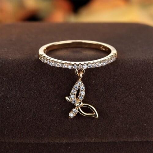 Fashion Cute Small Butterfly Pendant Ring Vintage Gold Silver Color Wedding Ring White Zircon Engagement Rings For Women Jewelry