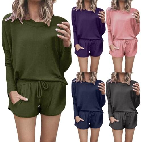Fashion Women 2 Pieces Casual Pajamas Set Long Sleeve O-Neck Tops Drawstring Pockets Shorts Sleepwear Solid Color Loungewear